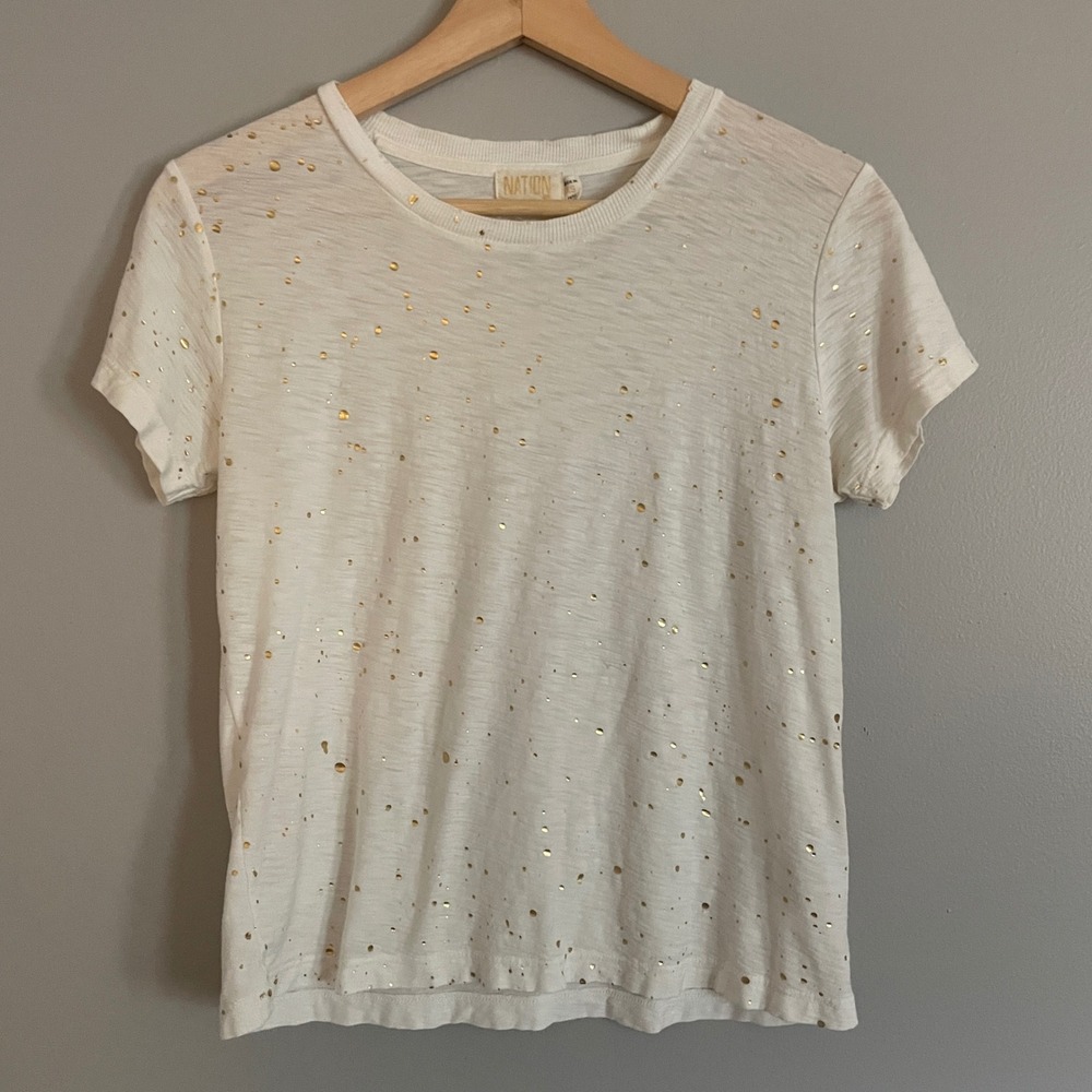 Nation LTD T-Shirt Womens XS White Gold Foil Splatter Slub Pima Cotton Edgy Boho